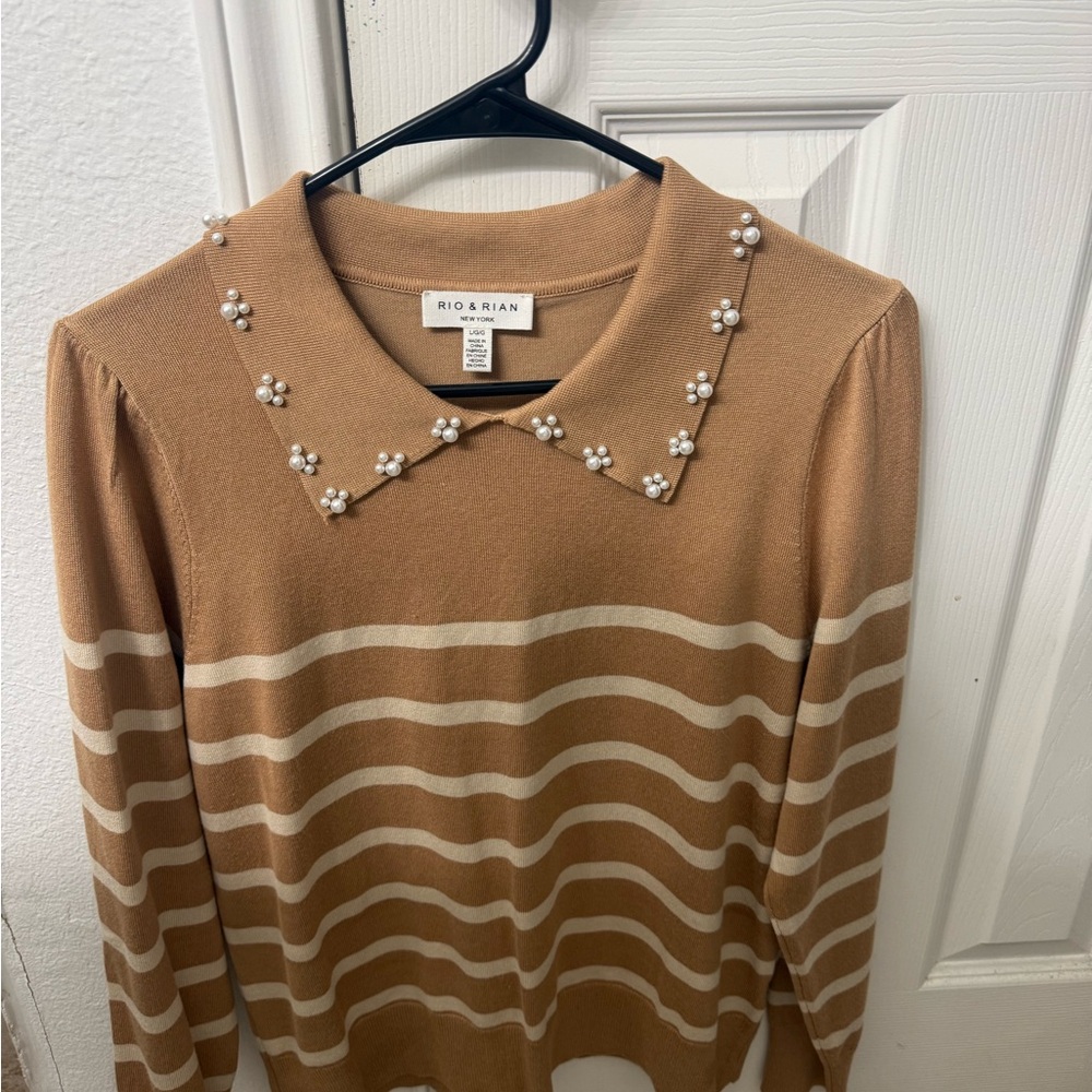 Rio & Rian Tan Sweater with Pearl Collar